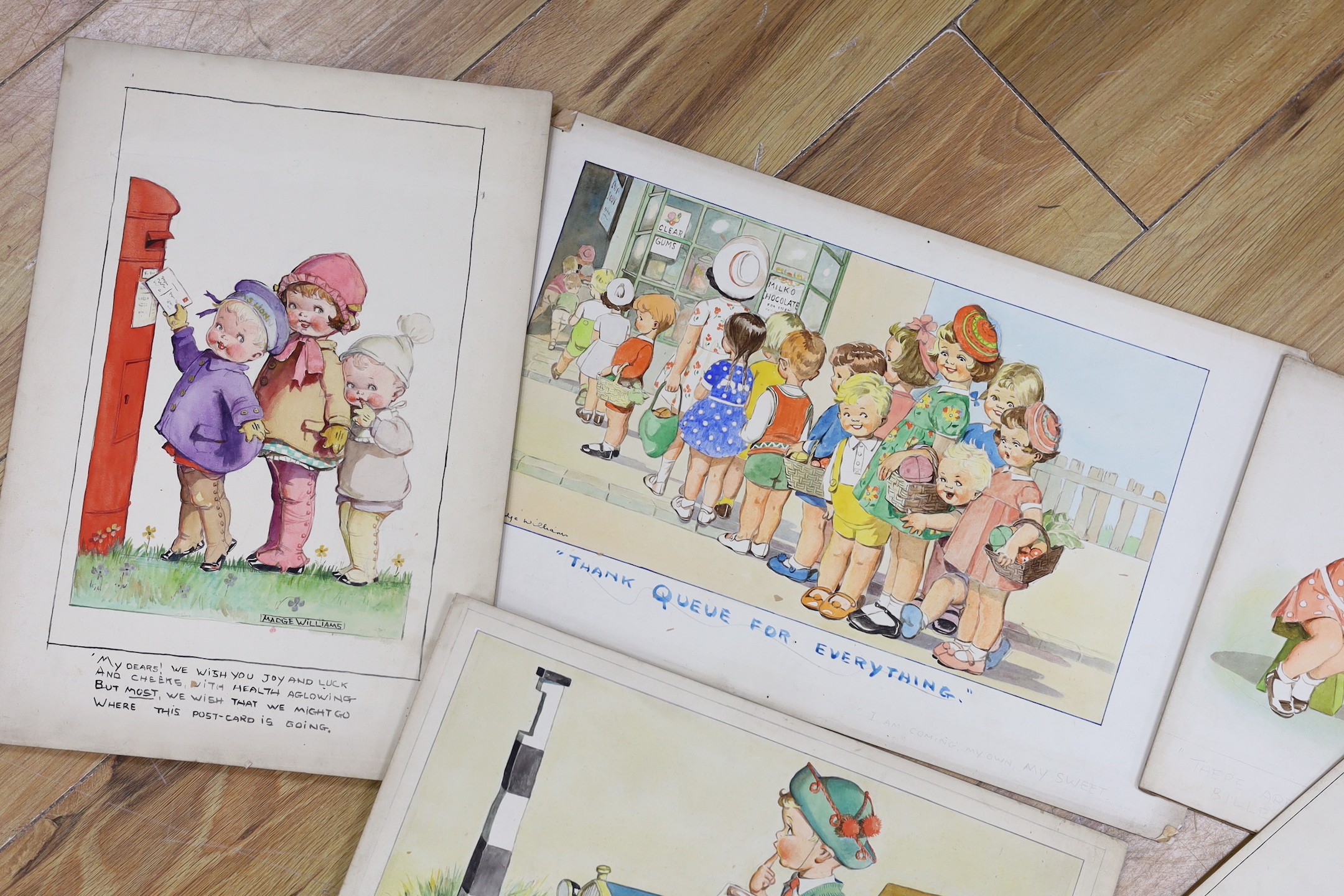 Madge Richardson, (20th century British), six watercolours on card, humorous scenes, unframed, largest 28 x 44cm